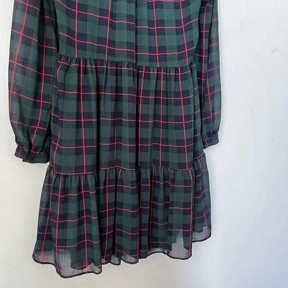J.Crew Tie-Neck Tiered Dress Black Watch Tartan Plaid XXS Red Green Holiday - Picture 8 of 12